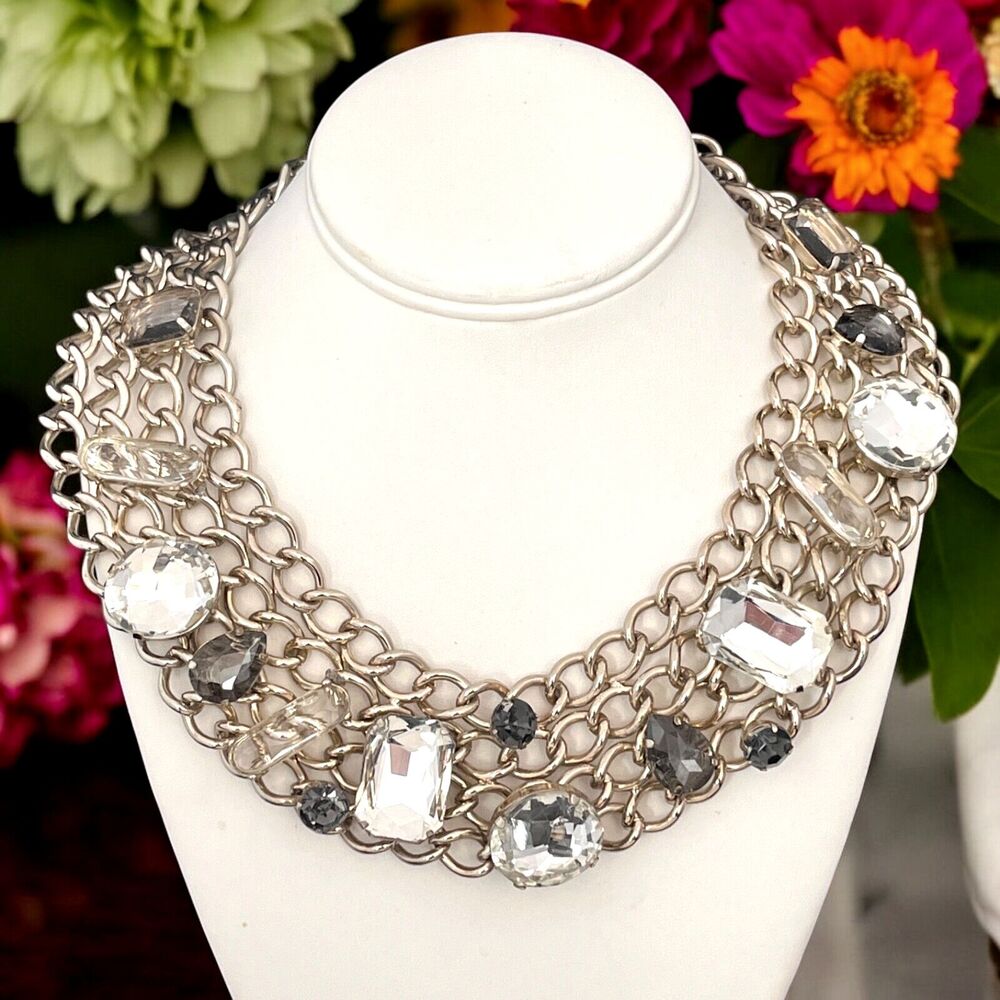 Gold Tone Chico’s Necklace Chainmail Crystal Accent Statement - 11Z